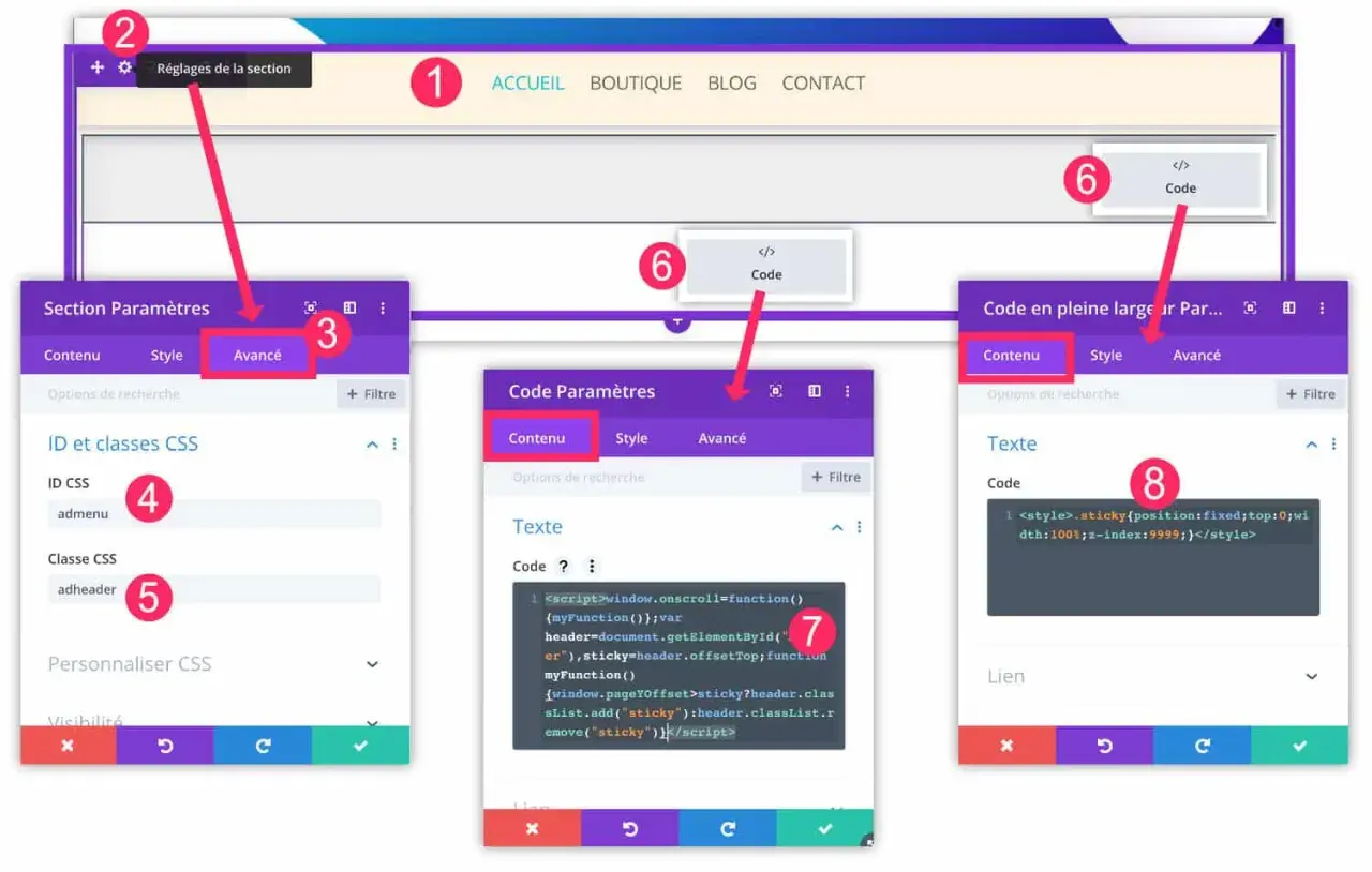 Interface de configuration d'un menu sticky. On voit les options avancées, le code CSS et JavaScript pour rendre le menu fixe.