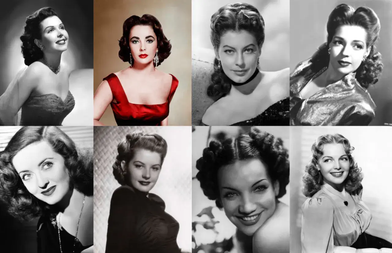Ocho mujeres icónicas muestran elegantes peinados años 50, con rizos voluminosos y recogidos sofisticados.