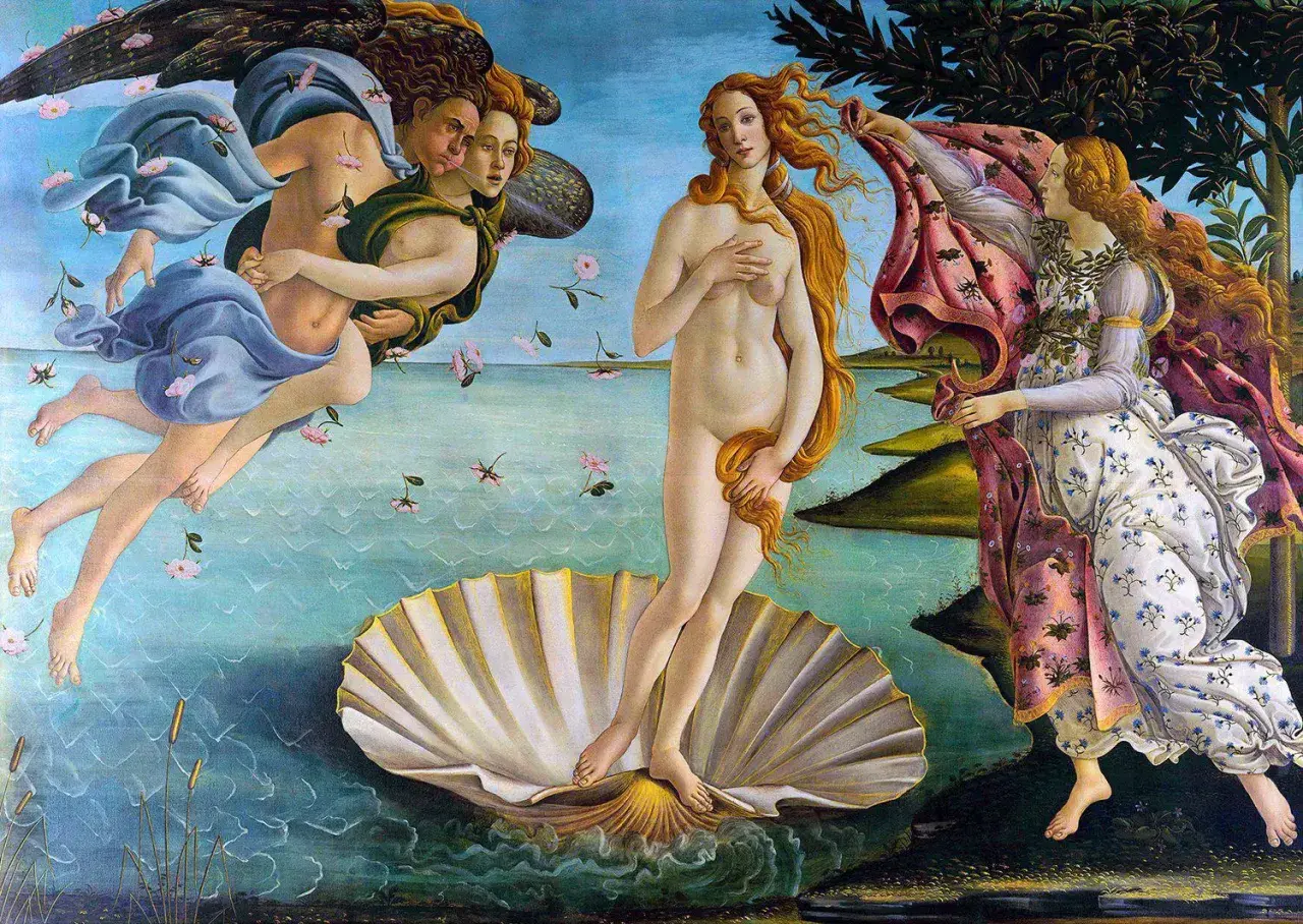La Venere del Botticelli emerge da una conchiglia, spinta da Zefiro e accolta da una ninfa.
