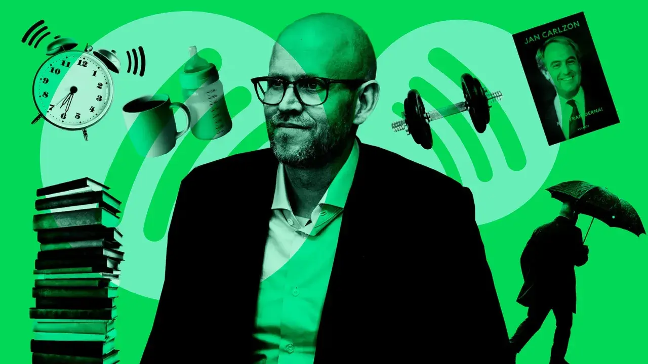 Daniel Ek, omgiven av symboler för tid, kunskap, familj och träning, med en bok av Jan Carlzon och en man med paraply i bakgrunden.