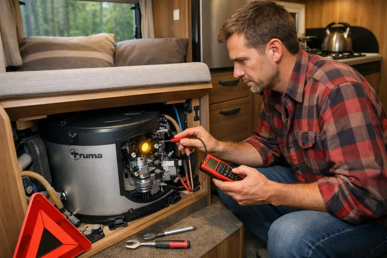 Un homme vérifie le **chauffe eau Truma** de son **camping-car** avec un appareil de mesure.