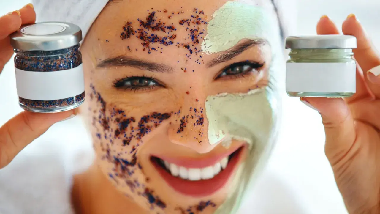 Una mujer sonríe con una mascarilla verde y un exfoliante de café y azul en su rostro.