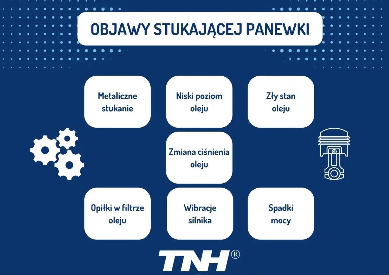 Objawy stukającej panewki: metaliczne stukanie, niski poziom oleju, zły stan oleju, zmiana ciśnienia oleju, opiłki w filtrze oleju, wibracje silnika, spadki mocy.
