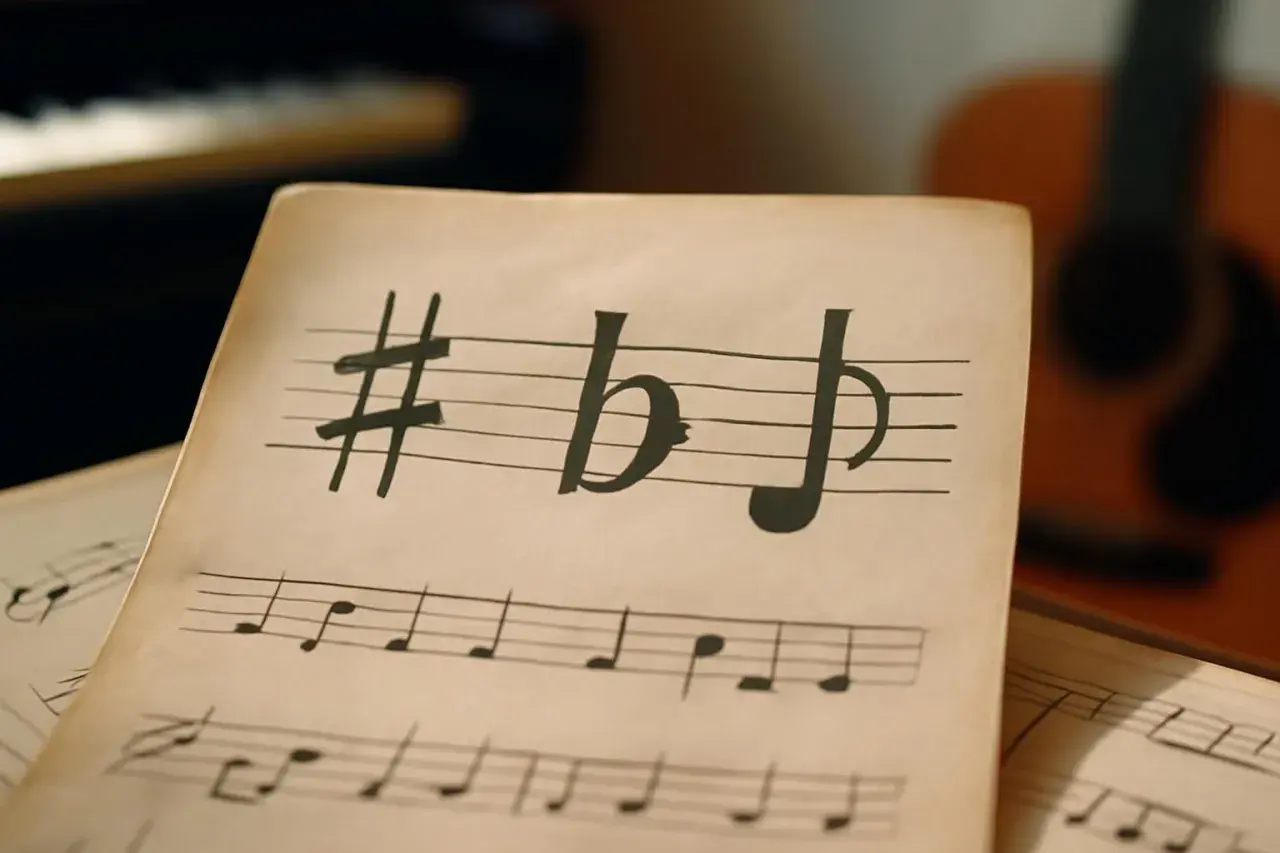 Partition de musique avec dièse, bémol et double bémol. Des notes musicales sur des portées, avec un piano et une guitare en arrière-plan.