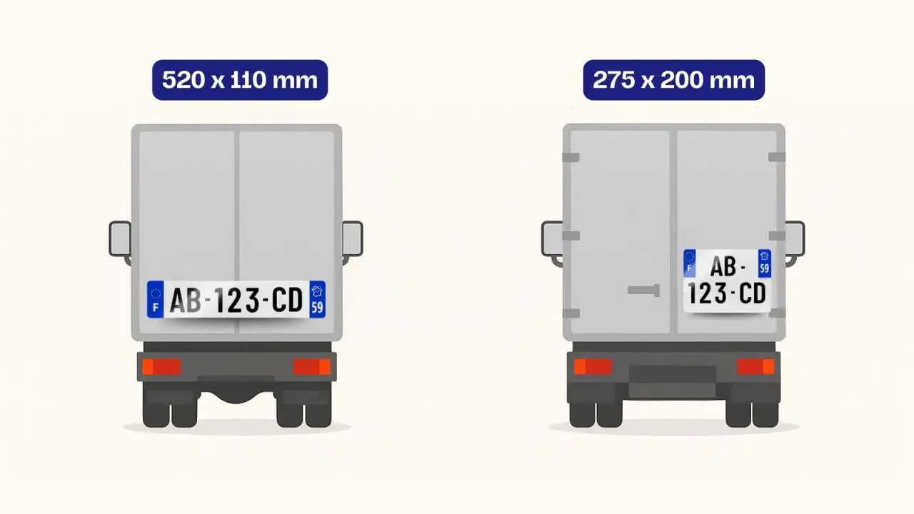 Deux camions décorés avec des plaques d'immatriculation françaises de tailles différentes.