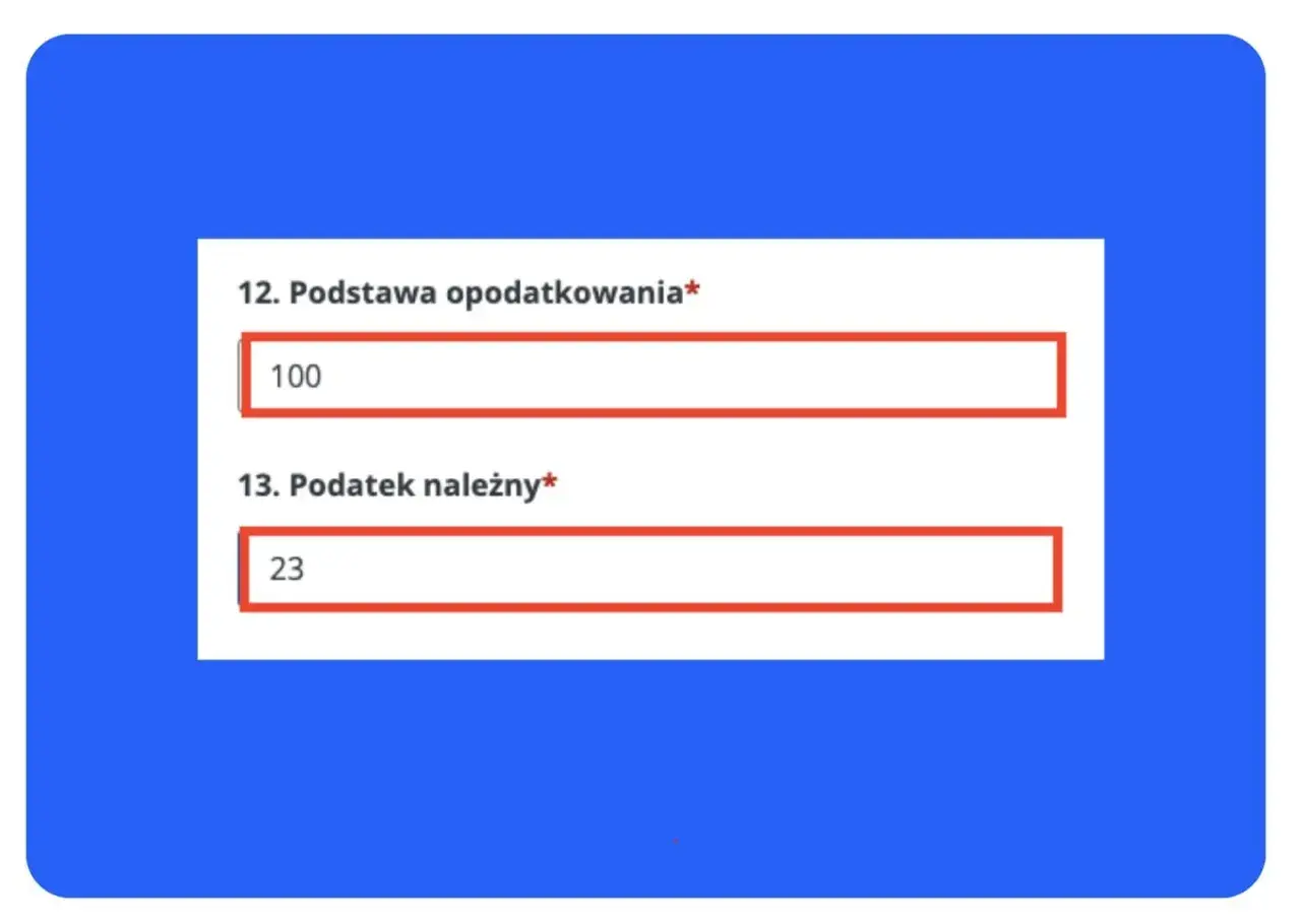 Formularz VAT-9M: podstawa opodatkowania 100, podatek należny 23.