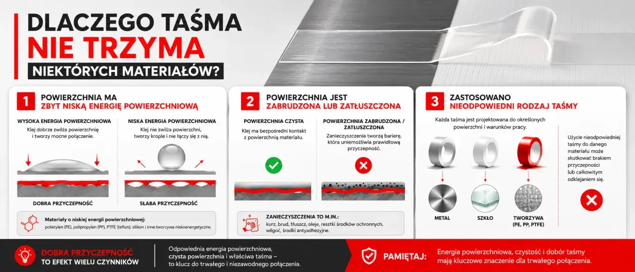 Niska energia powierzchniowa, zabrudzenia i zły dobór taśmy to przyczyny słabej przyczepności. Kluczowe są właściwości adhezyjne.