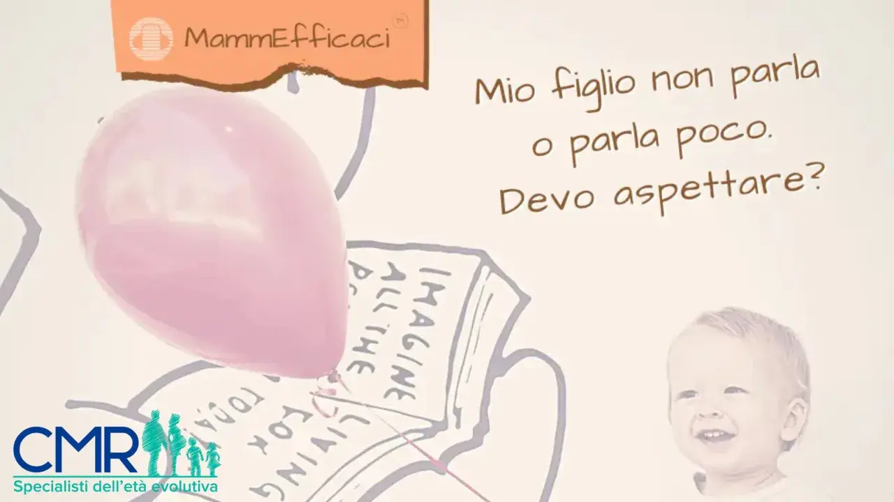 Un bambino di 2 anni non parla o parla poco? La domanda "Mio figlio non parla o parla poco. Devo aspettare?" è posta accanto a un palloncino rosa e un libro aperto.