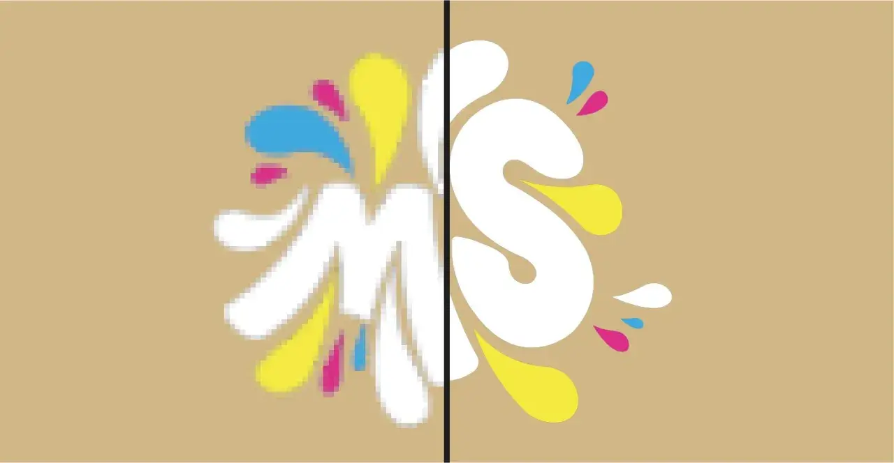 Comparaison d'un fichier d'impression pixelisé et d'un fichier vectoriel net. Le logo blanc avec des éclaboussures colorées est pixélisé à gauche et lisse à droite.