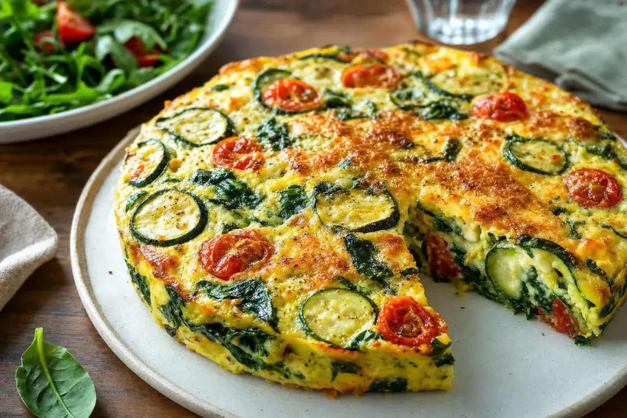 Une délicieuse quiche sans pâte courgette, épinards et tomates cerises, servie avec une salade verte.