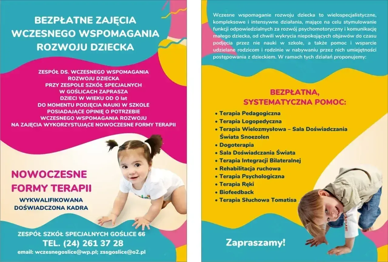 Dziecko raczkujące na różowym tle, obok tekst o wczesnym wspomaganiu rozwoju.