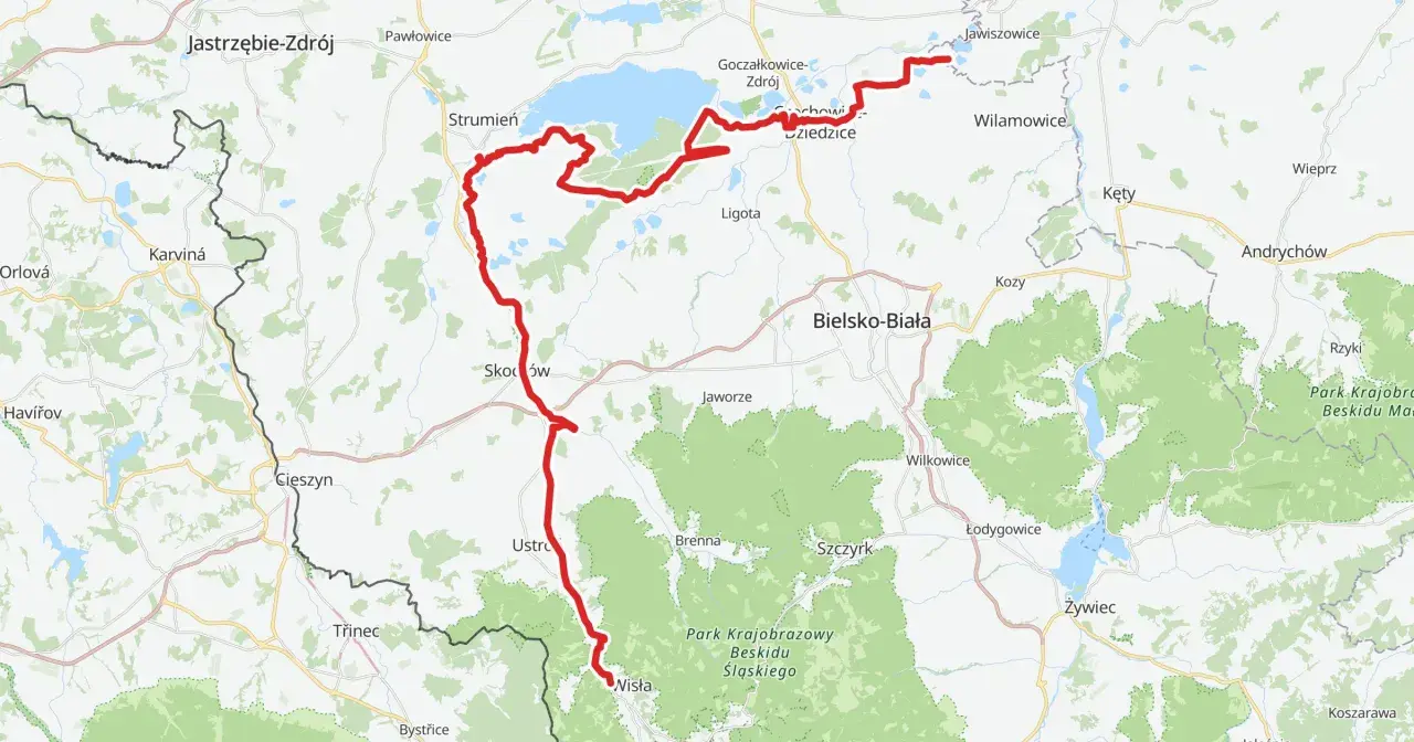 Trasa rowerowa wzdłuż Wisły, widoczna na mapie jako czerwona linia, prowadzi przez malownicze tereny od Jastrzębia-Zdroju, przez Jezioro Goczałkowickie, aż po okolice Bielska-Białej.