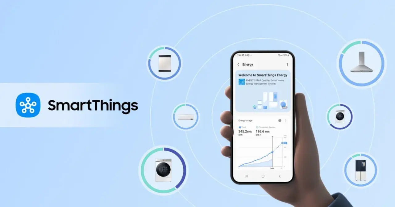 Un smartphone affiche l'application SmartThings Energy, montrant la consommation d'énergie. Un avis sur SmartThings qui met en avant la gestion de l'énergie domestique.