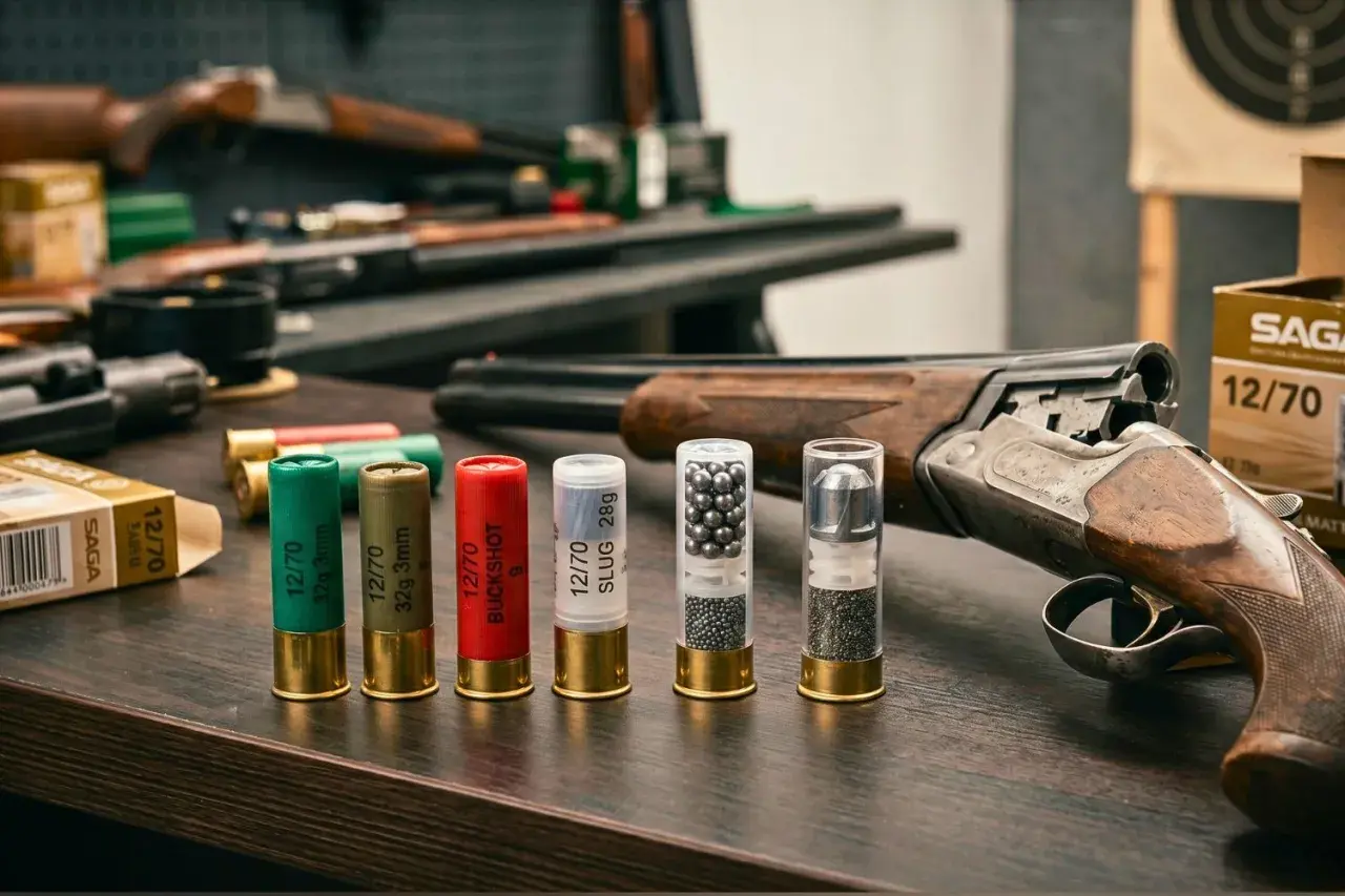 Różne rodzaje amunicji śrutowej: naboje z drobnym śrutem, śrutem typu buckshot i pociskiem typu slug, obok strzelby.