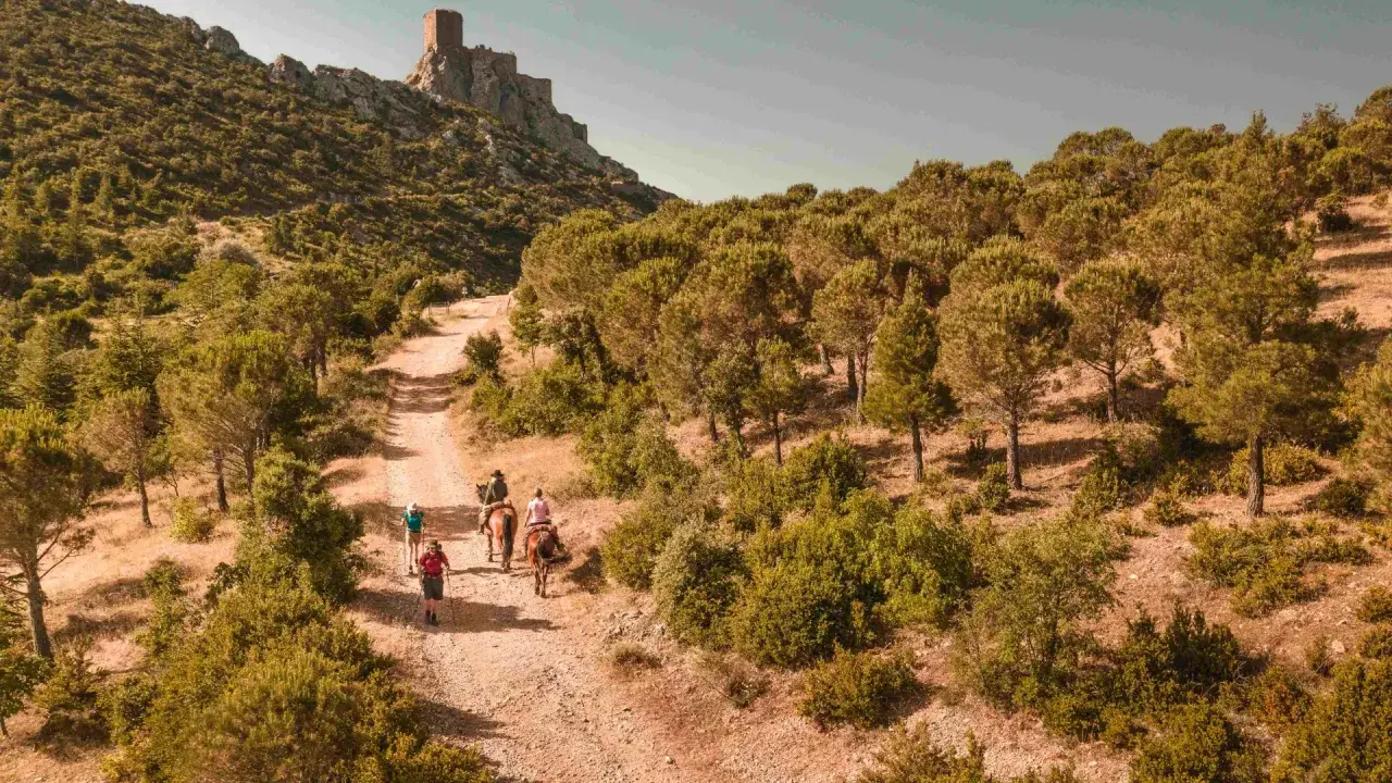 Randonneurs et cavaliers sur le sentier cathare GR 367, menant vers un château perché sur la montagne. Paysage aride et boisé.