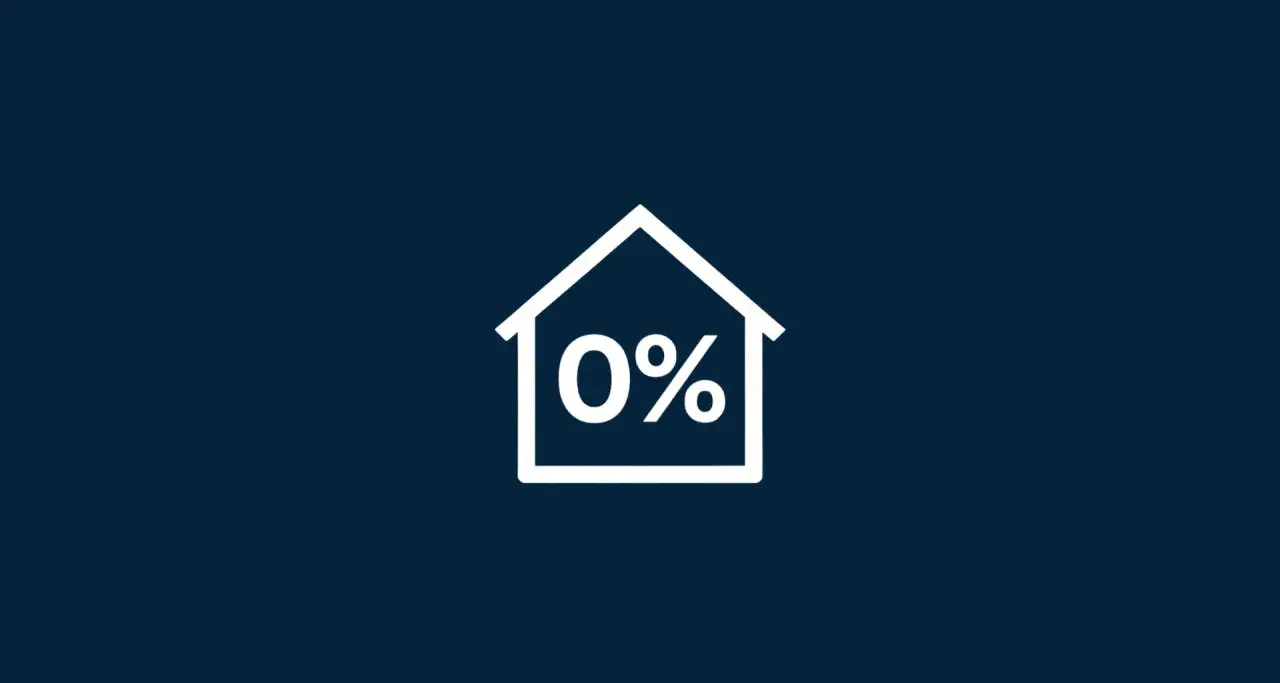 Biały zarys domu z napisem "0%" w środku. Idealny symbol dla kredytu bez wkładu własnego.