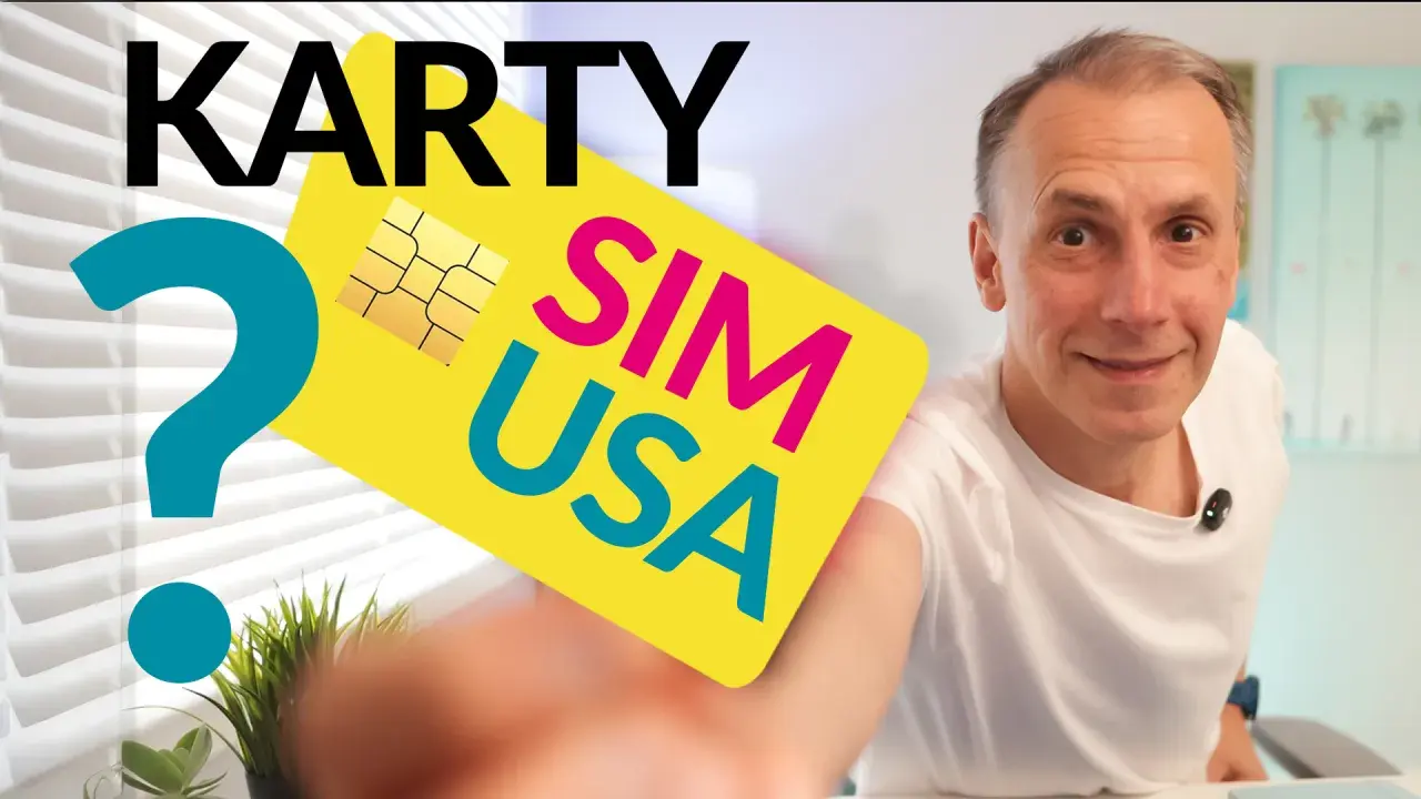 Co to jest karta SIM? Żółta karta SIM USA z napisem "SIM USA" i złotym chipem. Obok duży niebieski znak zapytania.