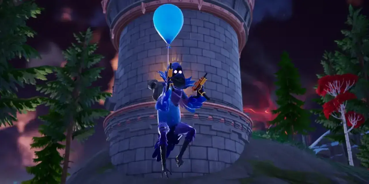 Niebieski ptak z balonem i pistoletami leci na tle wieży. To pewnie urodziny Fortnite!