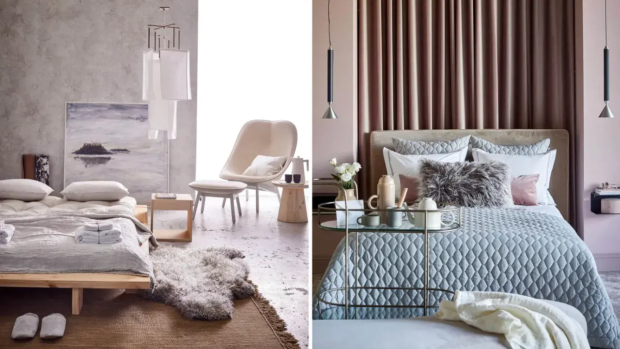 Två sovrum i ljusa toner. Till vänster ett minimalistiskt rum med träfärgad säng och konst. Till höger ett mysigt rosa sovrum med sammetsgardiner och en elegant säng.