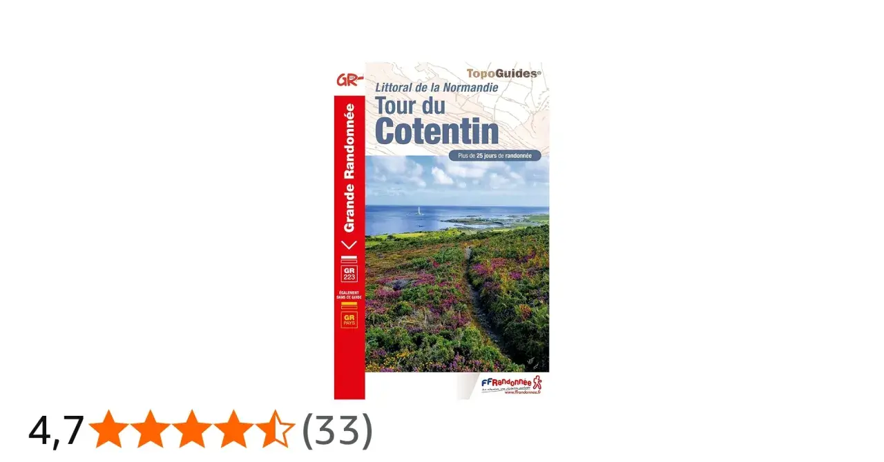 Guide de randonnée "Tour du Cotentin" avec une photo de paysage côtier normand. Plus de 25 jours de marche.