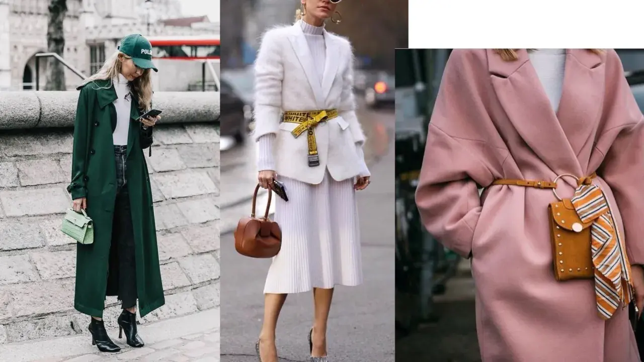 Trzy kobiety prezentują różne style ubioru: elegancki płaszcz w kolorze butelkowej zieleni, biały zestaw z futrzaną marynarką i żółtym paskiem, oraz różowy płaszcz z ozdobnym paskiem i torebką.
