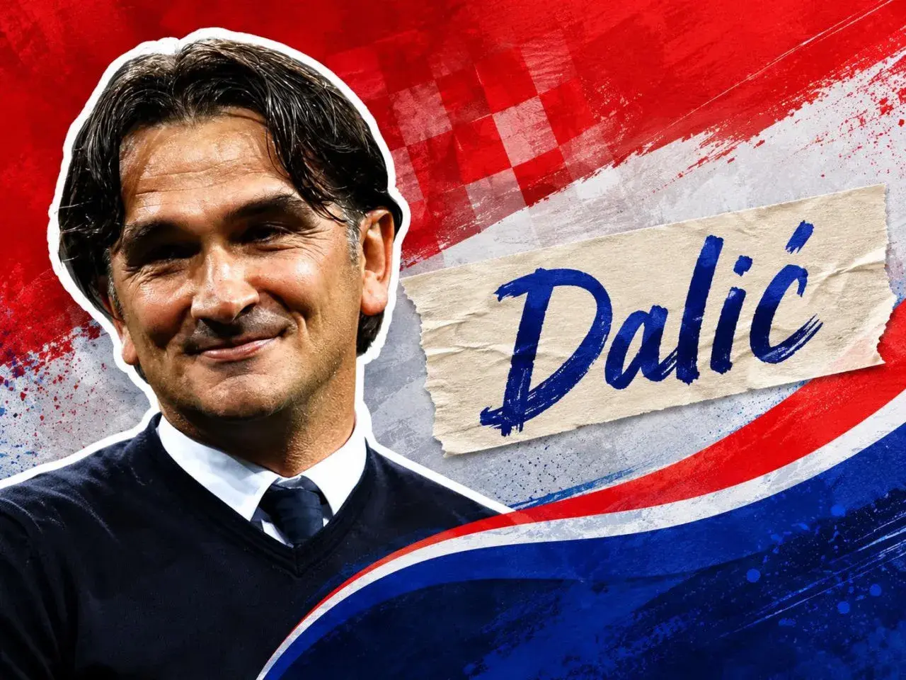 Uśmiechnięty trener reprezentacji Chorwacji, Zlatko Dalić, na tle biało-czerwono-niebieskich barw narodowych.