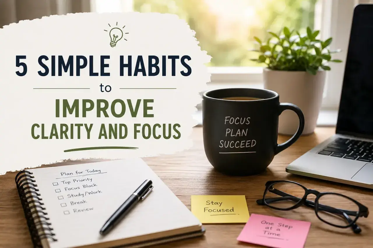 A desk setup for how to organize your mind: a notebook with a to-do list, a pen, a mug saying "Focus Plan Succeed," sticky notes, glasses, and a laptop.