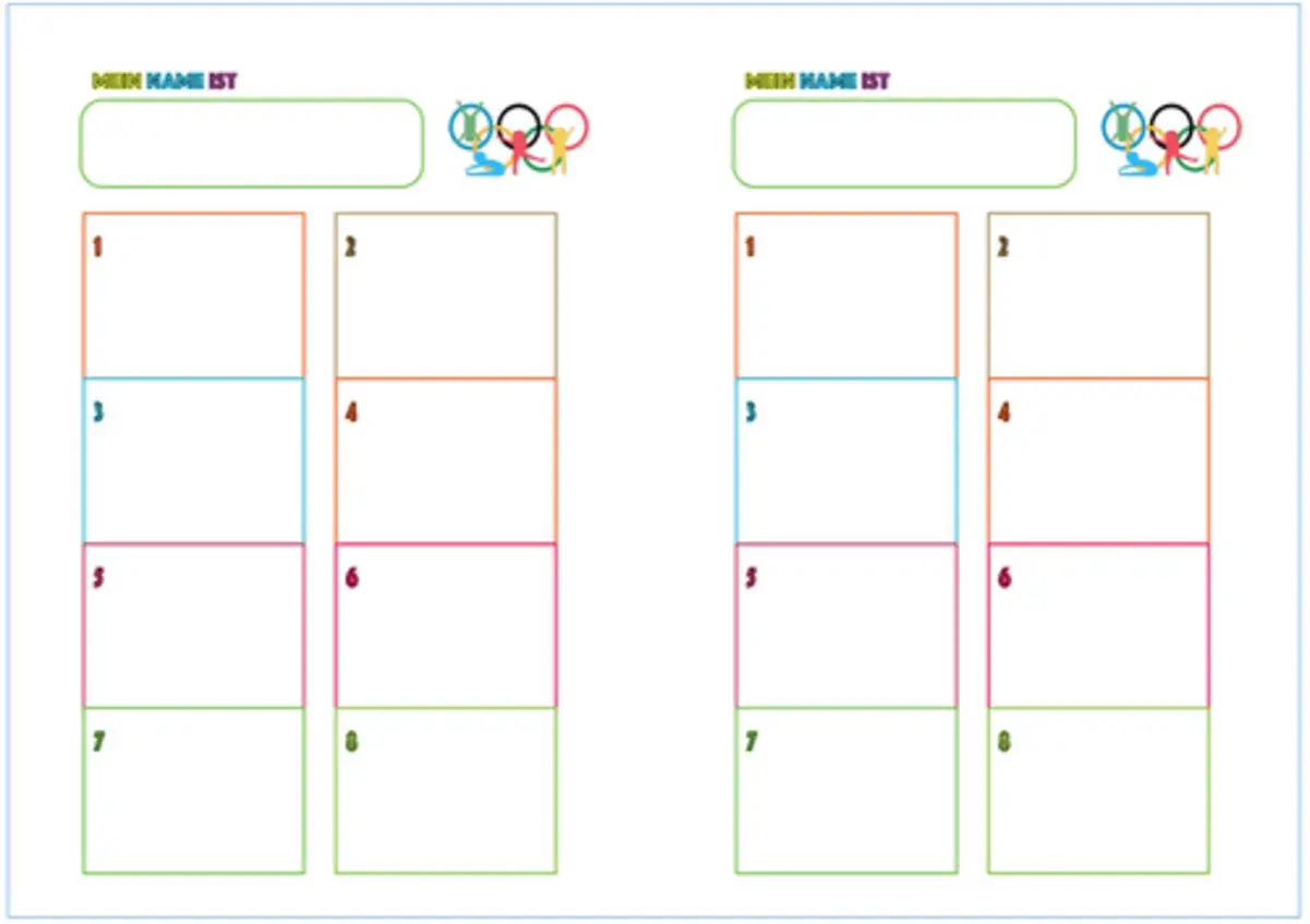 Zwei Vorlagen für Mini Olympiade Spiele mit Feldern zum Eintragen von Namen und Ergebnissen, dekoriert mit olympischen Ringen und kleinen Figuren.