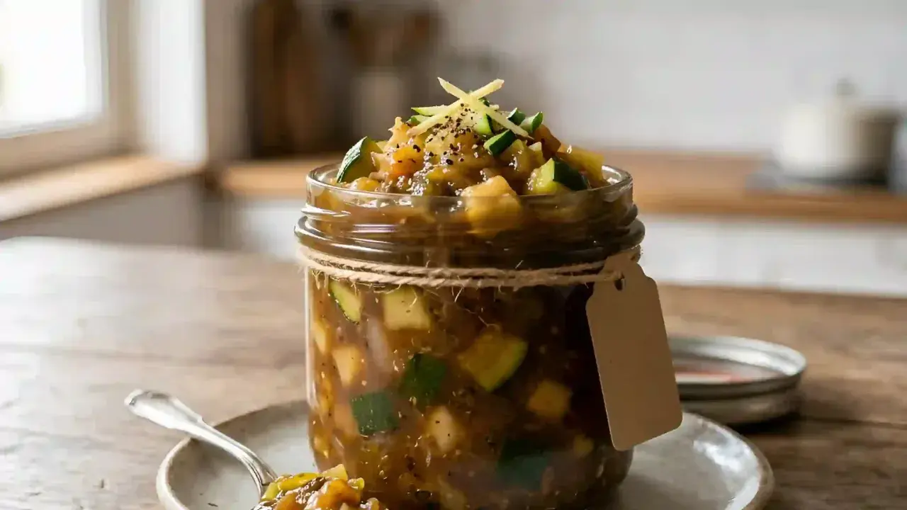 Un bocal de chutney de courgettes, garni de gingembre et de poivre, prêt à être dégusté.