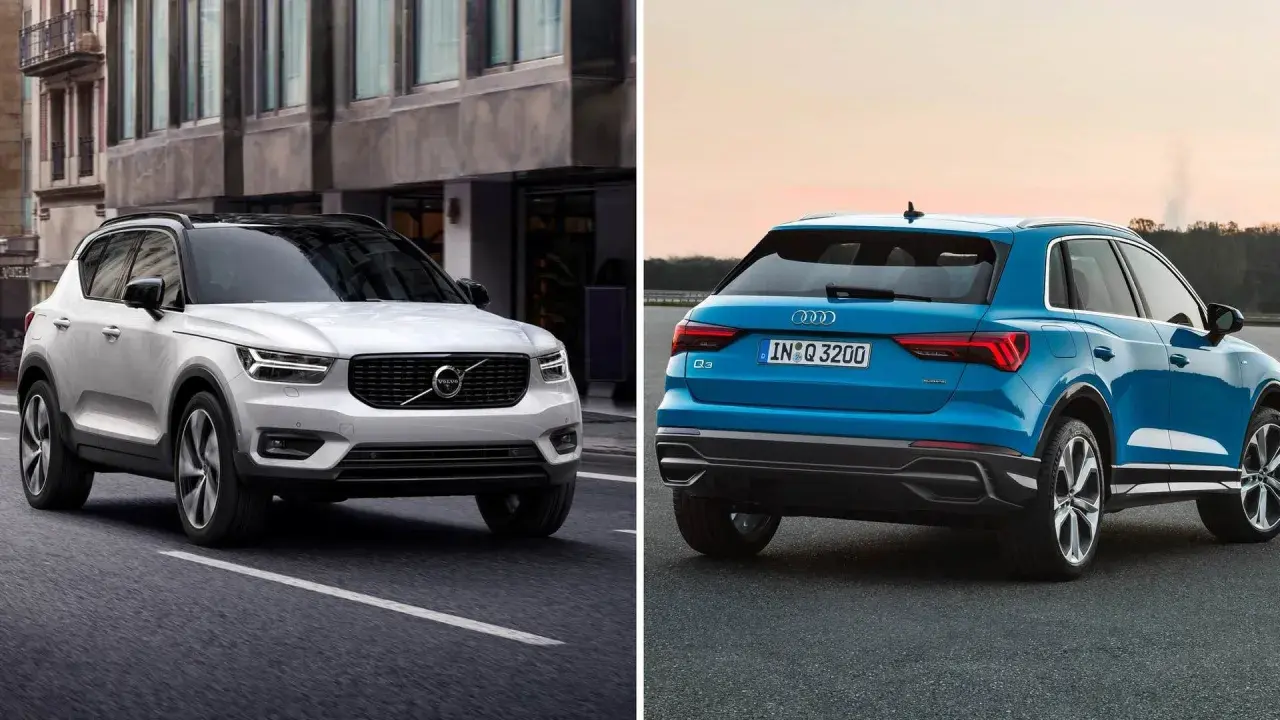 Jämförelse av en vit Volvo XC40 och en blå Audi Q3. En audi q3 test visar dessa två SUV:ar sida vid sida.