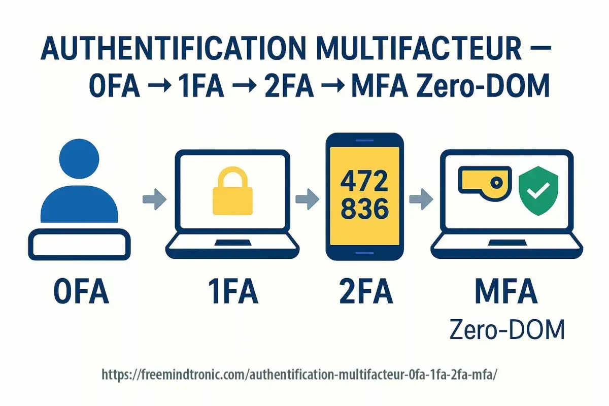 Illustration de l'évolution de l'authentification : OFA, 1FA (verrou), 2FA (téléphone avec code), MFA Zero-DOM (ordinateur avec badge de sécurité). La mfa sécurité renforce la protection.