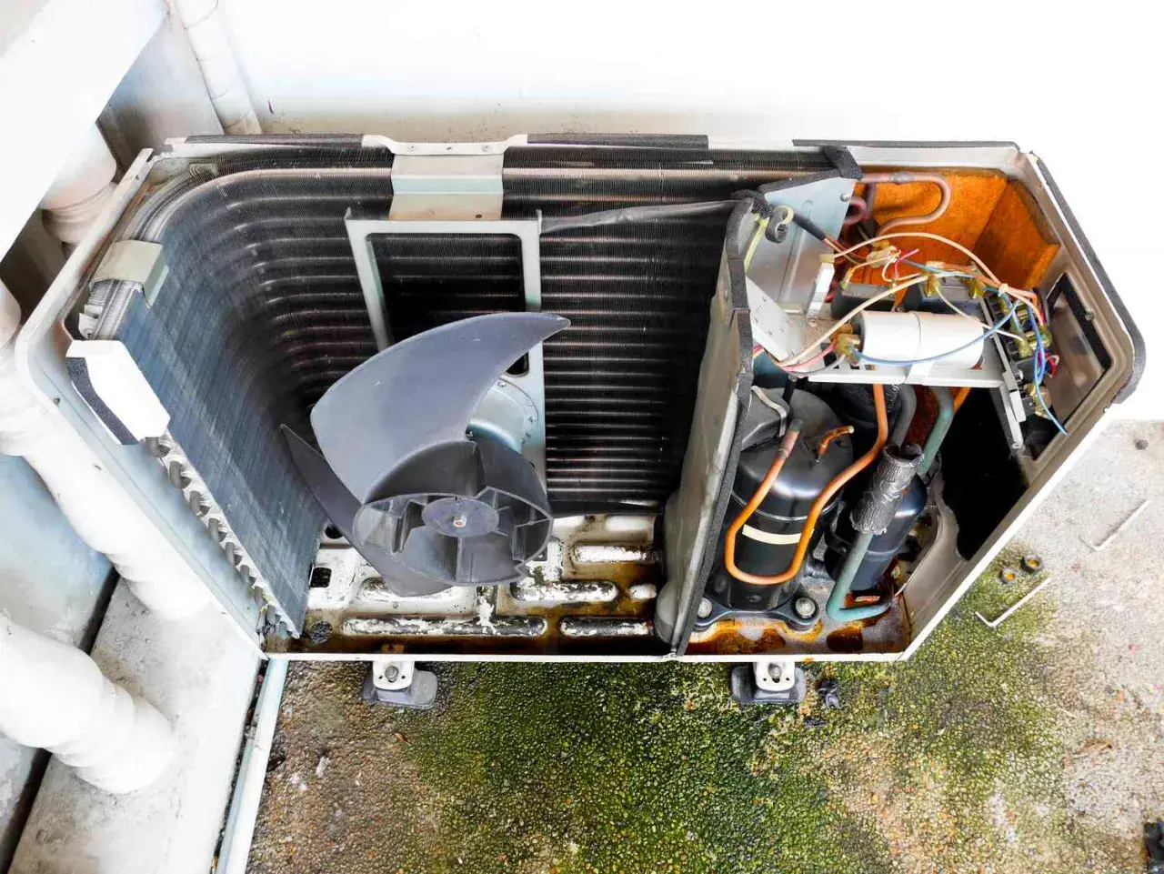 Unidad exterior de aire acondicionado abierta, mostrando el ventilador, el compresor y el cableado.