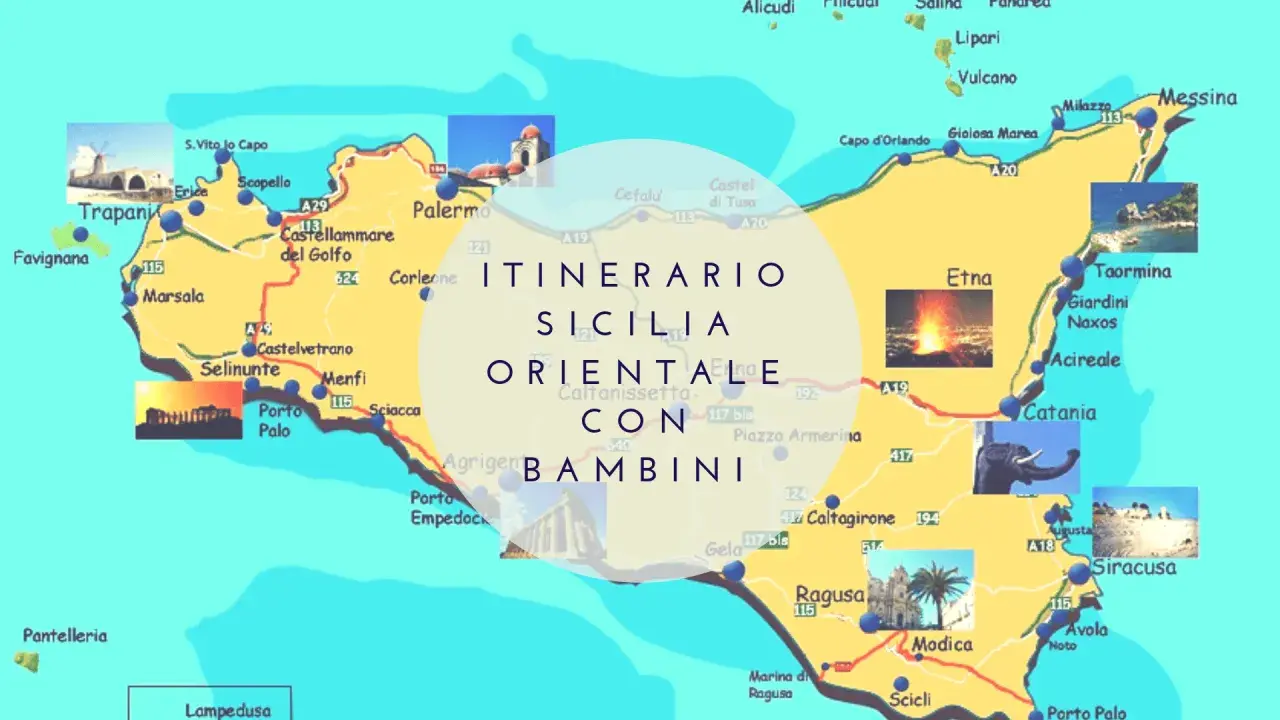 Mappa della Sicilia con itinerario per famiglie. Esplora le zone turistiche siciliane: Etna, Taormina, Siracusa, Agrigento e altro ancora.
