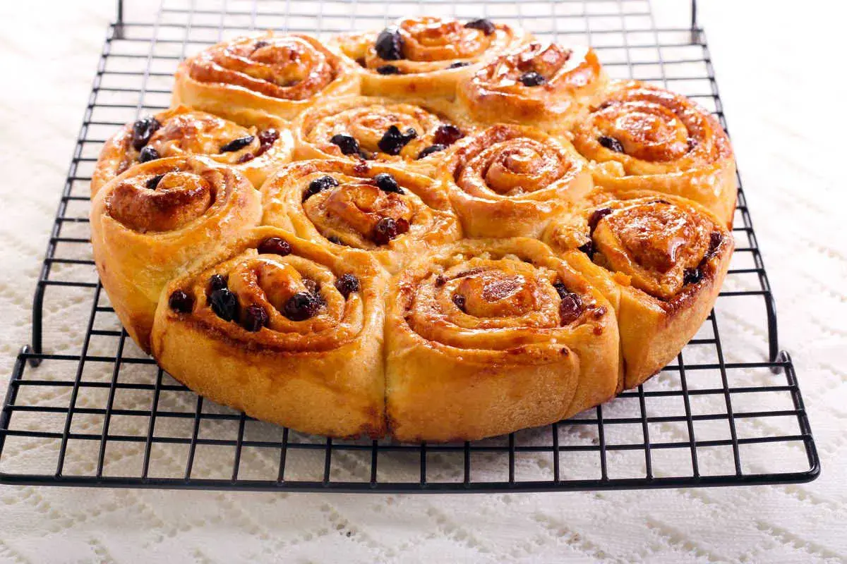 Dolci pittanchiusa dorati e lucidi, con uvetta, su una griglia.