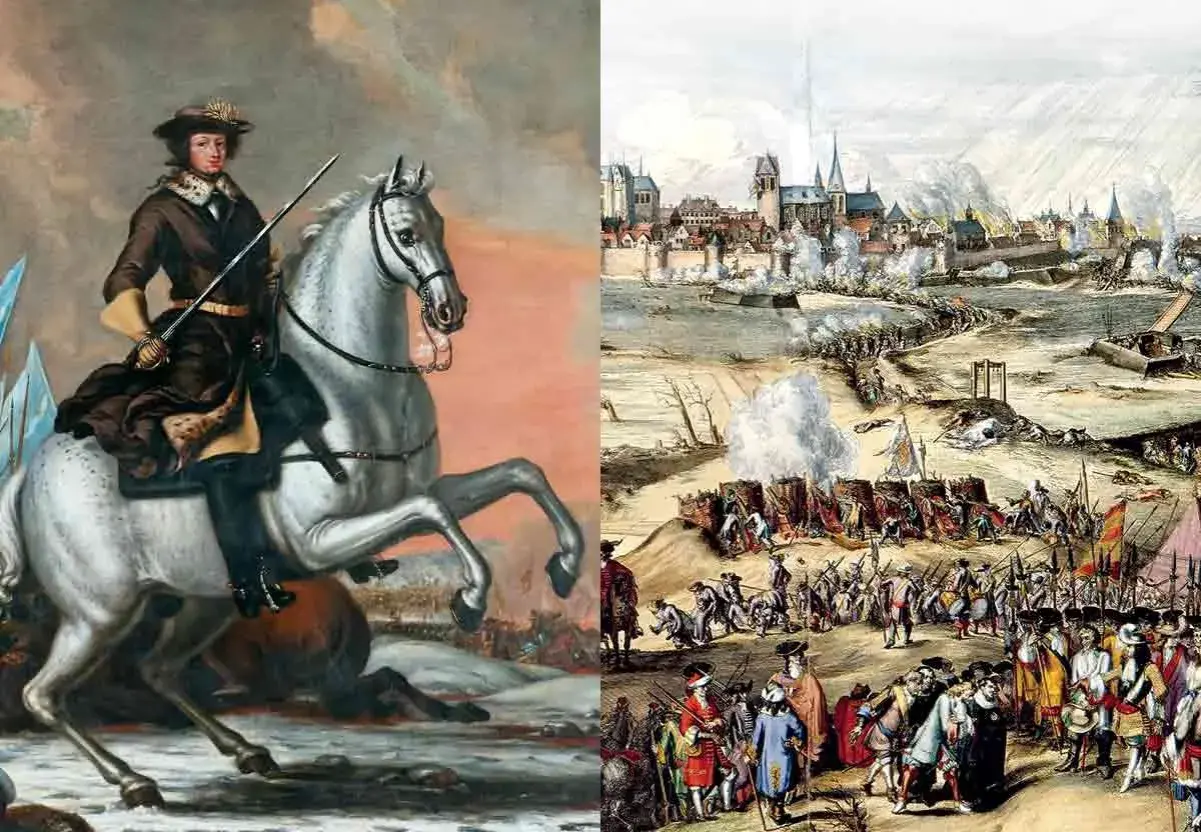 En ryttare på en vit häst till vänster, till höger en strid med en stad i bakgrunden, som påminner om slaget vid Gestilren.
