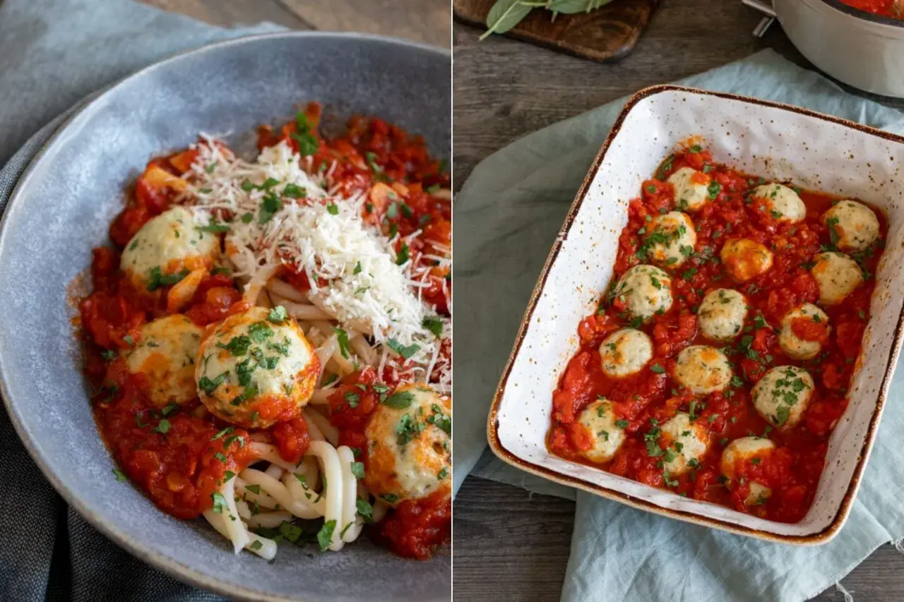 Leckeres polpette rezept: Nudeln mit Hackbällchen in Tomatensauce, garniert mit Parmesan und Petersilie. Daneben eine Auflaufform mit vielen Hackbällchen in Sauce.