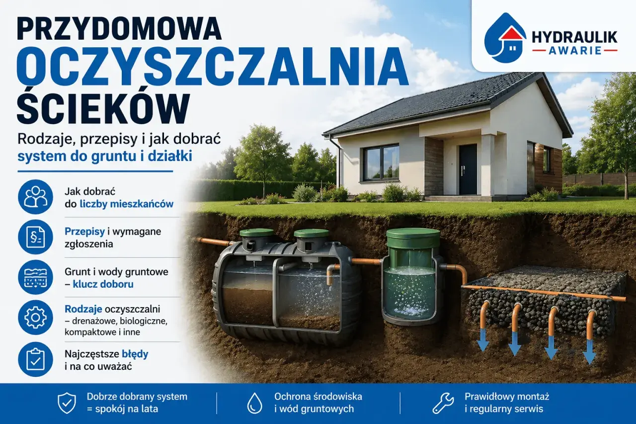 Schemat przydomowej oczyszczalni ścieków z widocznym osadnikiem, domem i elementami systemu. Informacje o doborze, przepisach i rodzajach oczyszczalni.