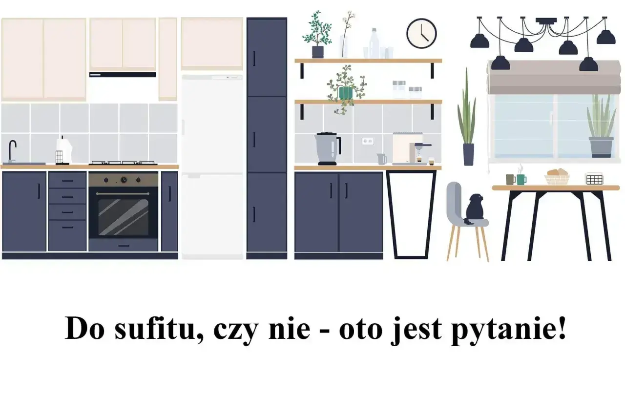 Nowoczesna kuchnia z ciemnogranatowymi szafkami i białym sprzętem AGD. Zastanawiasz się nad wymiarami szafek kuchennych?