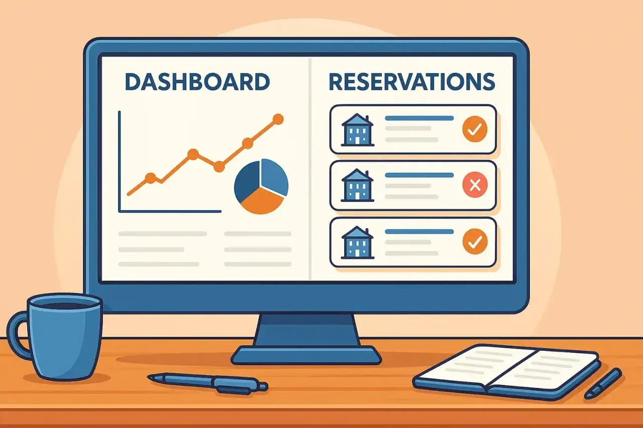 Schermo con dashboard e prenotazioni, ideale per programmi gestione alberghiera. Grafici e icone di case indicano l'efficienza.