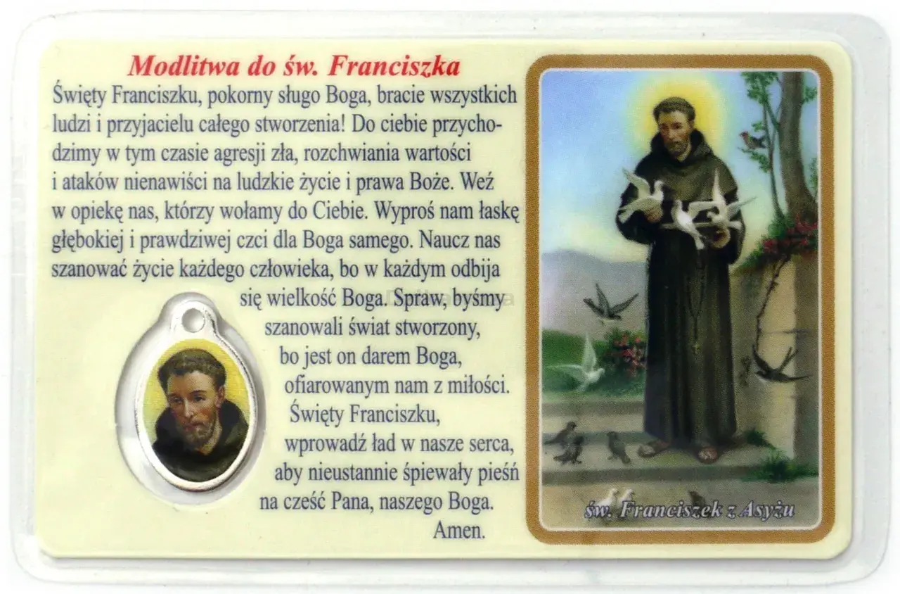Prosta modlitwa św. Franciszka z Asyżu, ukazująca świętego z gołębiami.