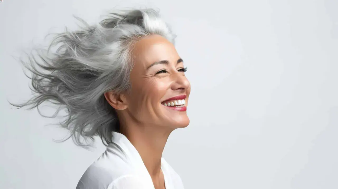 Donna sorridente con splendidi capelli bianchi mossi dal vento.