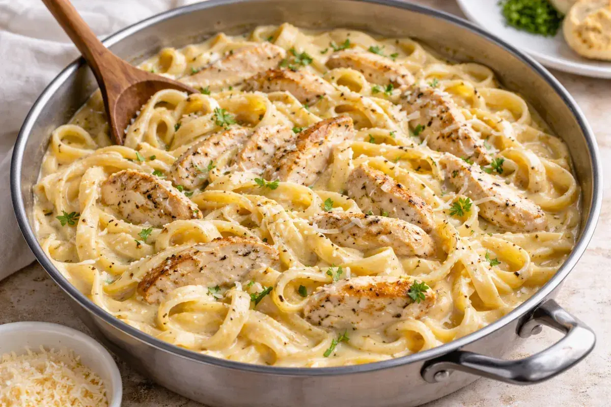 En stor panna med krämig pasta och saftiga kycklingremsor. En perfekt pasta pollo för en mysig middag.