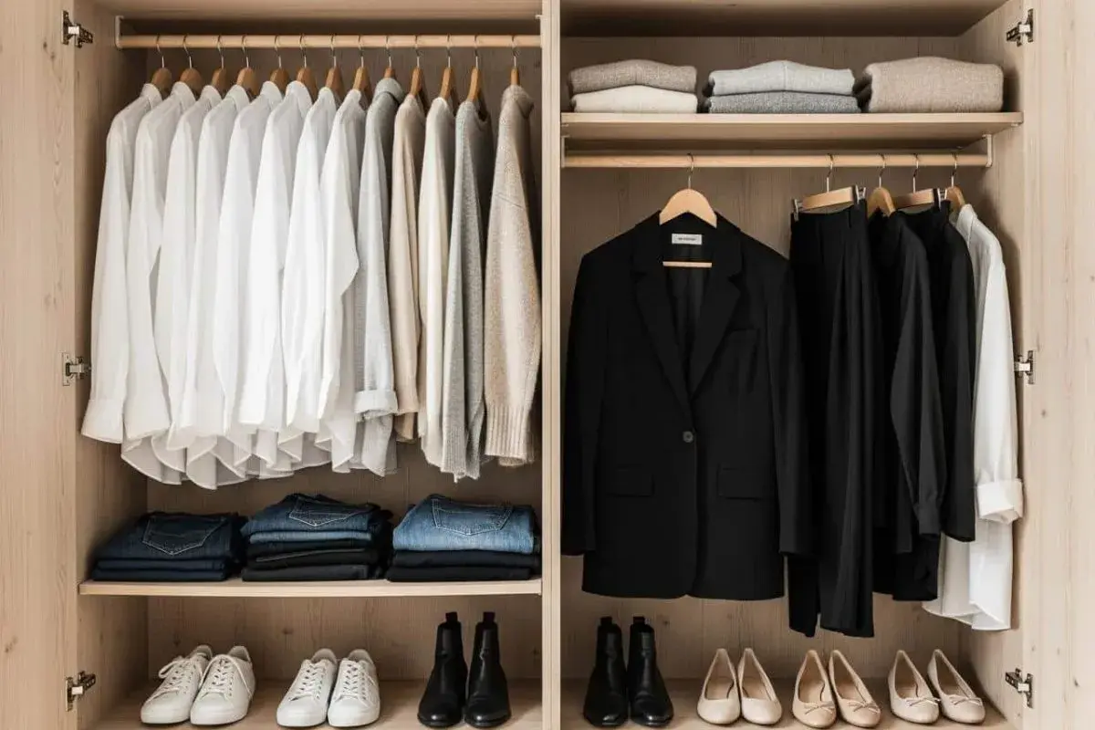 Une garde robe idéale : chemises blanches, pulls neutres, jeans, blazer noir et pantalons assortis. Des chaussures minimalistes complètent l'ensemble.