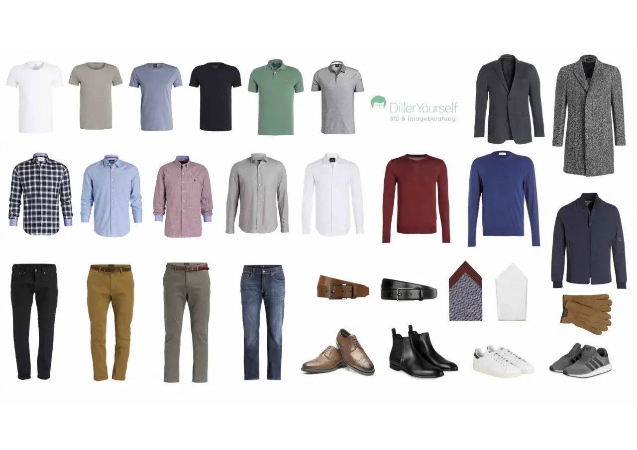Outfit-Ideen für Männer: T-Shirts, Hemden, Pullover, Hosen, Jacken, Schuhe, Gürtel, Einstecktücher und Handschuhe. So viel Kleidung braucht man für einen stilvollen Auftritt.