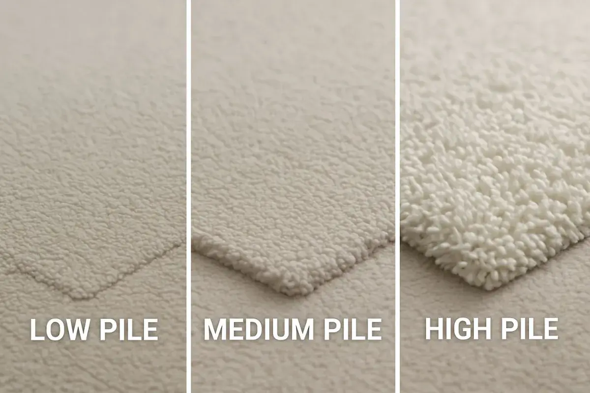 Three carpet textures: low pile, medium pile, and high pile. See the difference in fiber length and density.