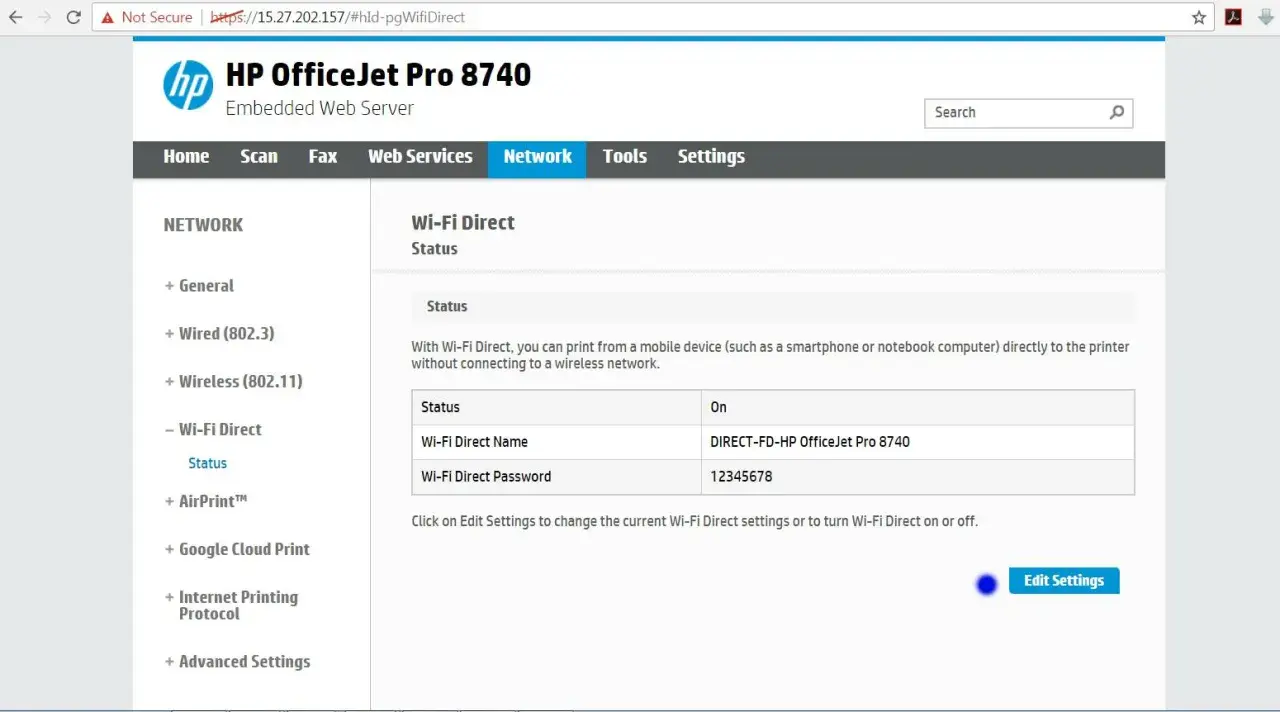 Jak znaleźć hasło do drukarki HP OfficeJet Pro 8740? Na ekranie widoczny jest status Wi-Fi Direct z hasłem 12345678.