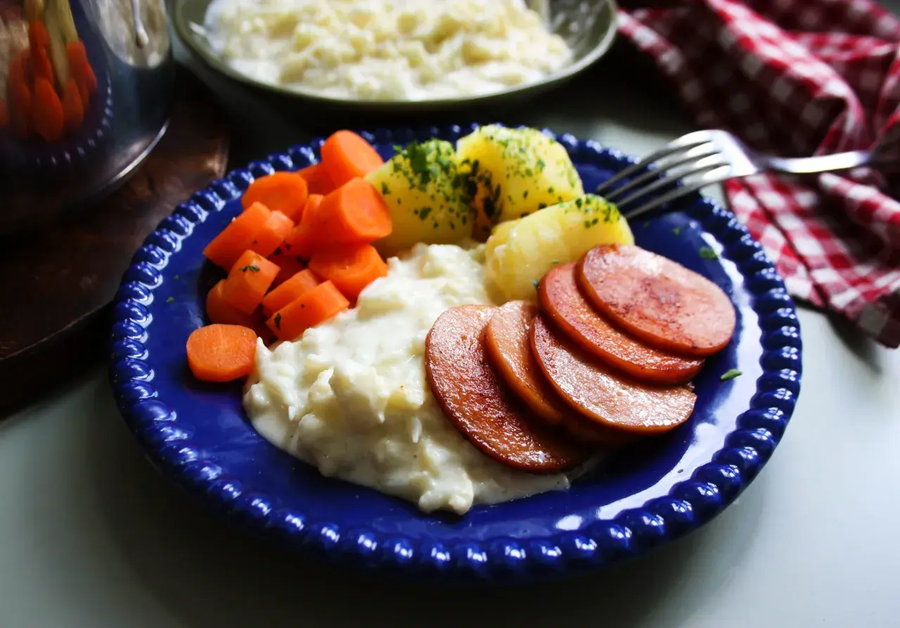 En blå tallrik med stuvad blomkål, kokt potatis, morötter och stekt falukorv. En klassisk svensk middag.