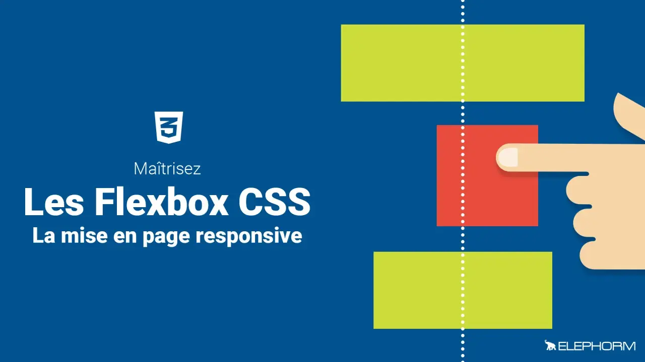 Maîtrisez les Flexbox CSS pour une mise en page responsive. Illustration d'un doigt interagissant avec des blocs colorés, symbolisant le flex html.