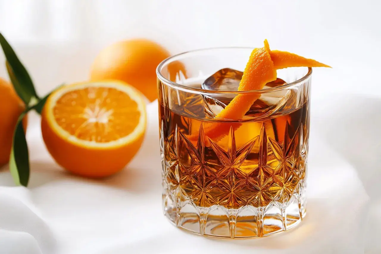 En drink med is och apelsinskal, bredvid apelsiner. Perfekt för ett sockerlag recept.