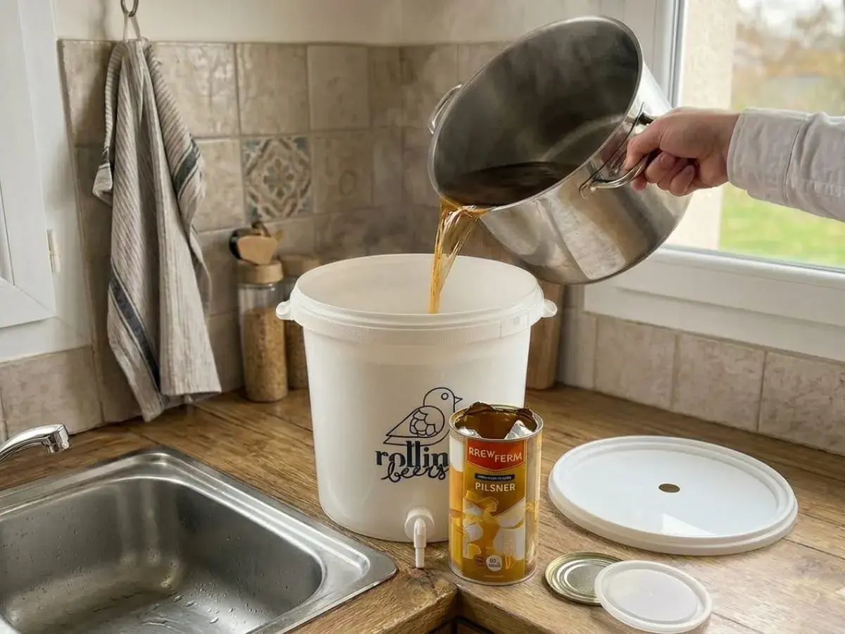 Début de la fabrication de la levure de bière : on verse le moût dans un fermenteur.